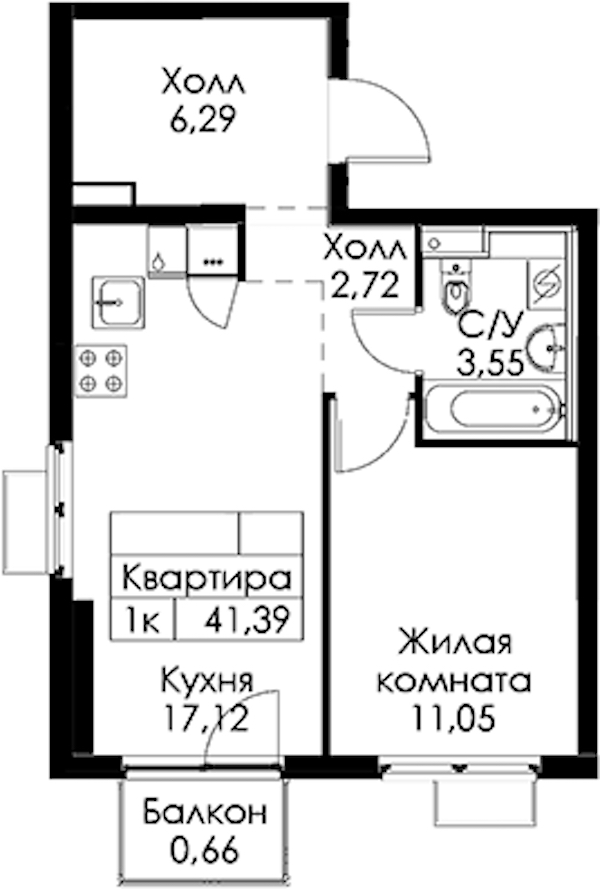 1-комнатная квартира 41.39 м², 5/15 эт., ЖК «Заречный парк»